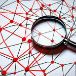 **

A vibrant graph database visualization of financial transactions, highlighting connections between suspicious accounts with red lines. Focus on the network effect and the detection of hidden fraud patterns. Use a magnifying glass visual element to emphasize uncovering irregularities.

**