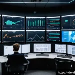 Home 21 그래프 데이터베이스의 오류 처리 및 복구 방법 - A modern data center control room with multiple large monitors displaying real-time graphs and dashb...